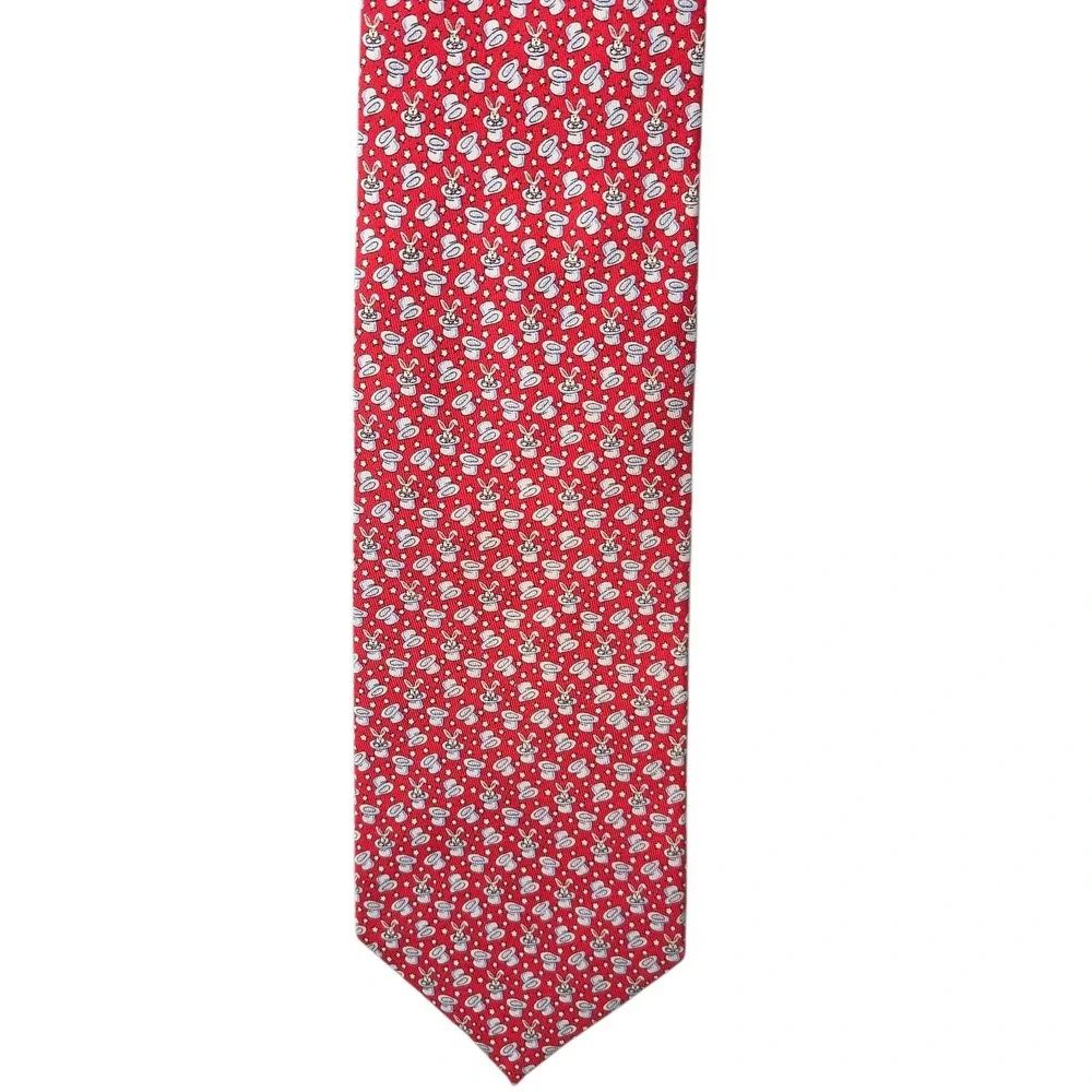 Vineyard Vines Necktie Mens Red White Silk Magic Rabbit Top Hat Magician Tie USA